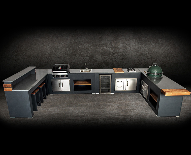 Grillandia Outdoor kitchen U shape, Big Green Egg and Entertainment Center 3m x 5m X 3m