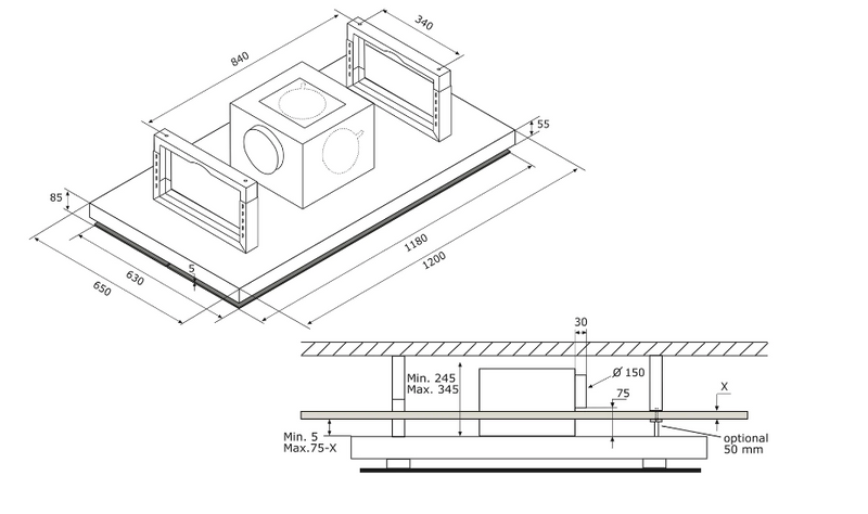 Airforce F139 A 120cm Ceiling Cooker Hood with Remote Control - Black Glass and Stainless Steel