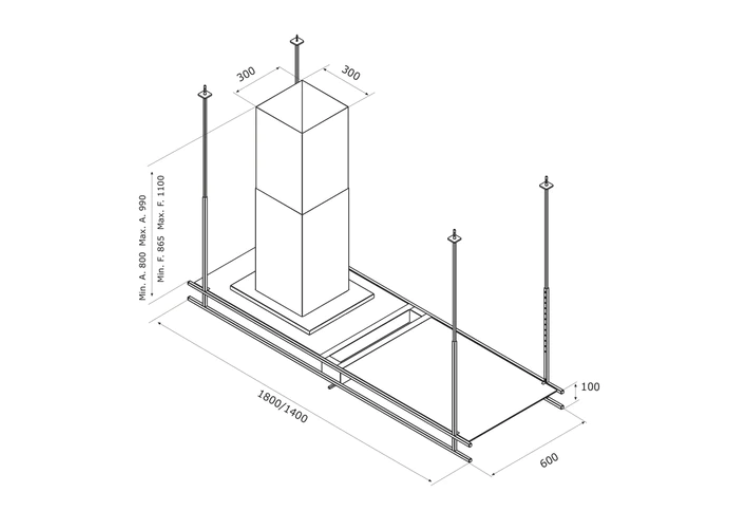 Airforce Frame 140cm Premium Island Designer Cooker Hood - Black