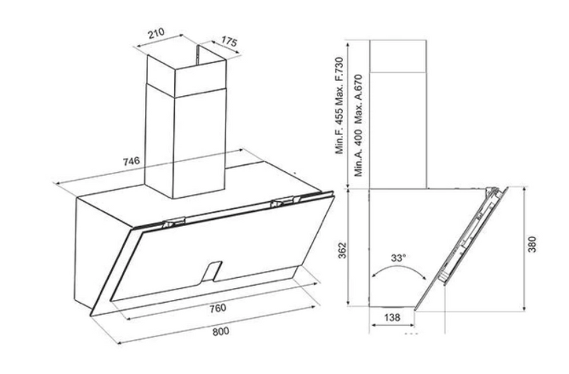 Airforce F204 Clock 80cm Satin Black Glass Finish Wall Mounted Hood