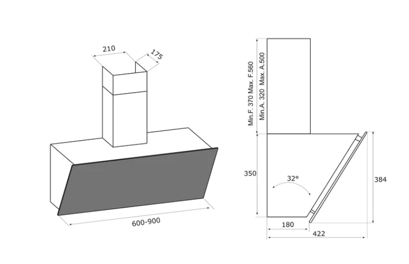 Airforce V4 90cm Angled Wall Mounted Cooker Hood - Black glass