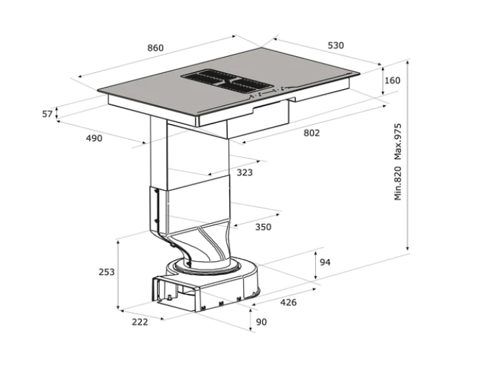 Airforce Centrale POP 86cm Induction Hob with Central Downdraft and Touch Control