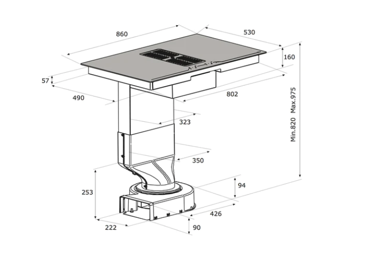 Airforce Aspira Centrale B2 Octa 86cm Induction Hob with Downdraft Extractor
