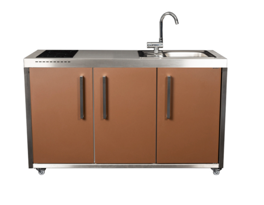 Elfin Compact MO 150 Outdoor Kitchen - With Sink on the Right - Fridge on the Left - Hob on the Left - Lava Brown