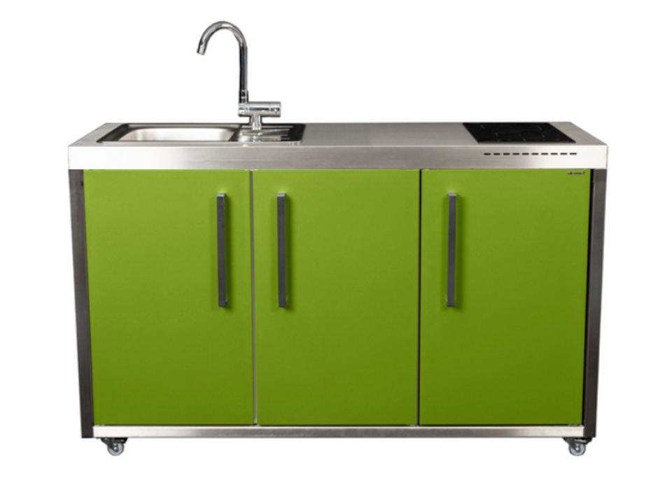 Elfin Compact MO 150 Outdoor Kitchen - With Sink on the Left - Fridge on the Right - Hob on the Right - Apple Green