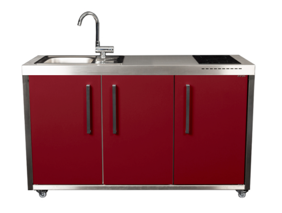 Elfin Compact MO 150 Outdoor Kitchen - With Sink on the Left - Fridge on the Right - Hob on the Right - Claret