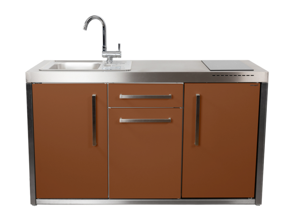 Elfin Compact MO 150S Outdoor Kitchen - With Sink on the Left, Fridge on the Right & Hob on the Right - Lava Brown