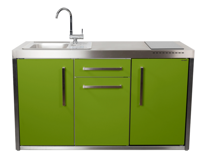 Elfin Compact MO 150S Outdoor Kitchen - With Sink on the Left, Fridge on the Right & Hob on the Right - Apple Green