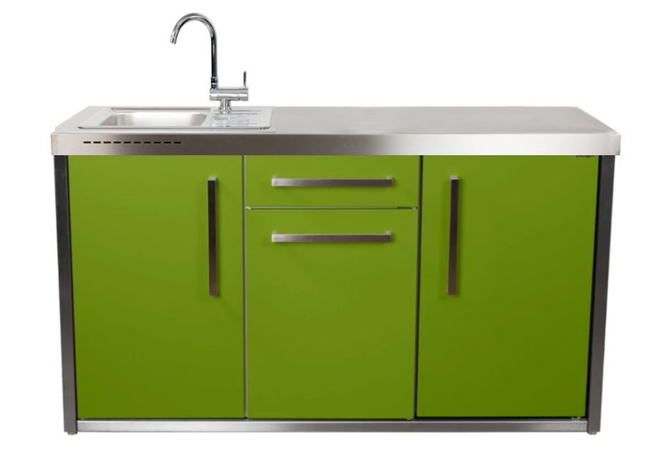 Elfin Compact MO 150S Outdoor Kitchen  - With Sink on the Left & Fridge on the Right - Apple Green