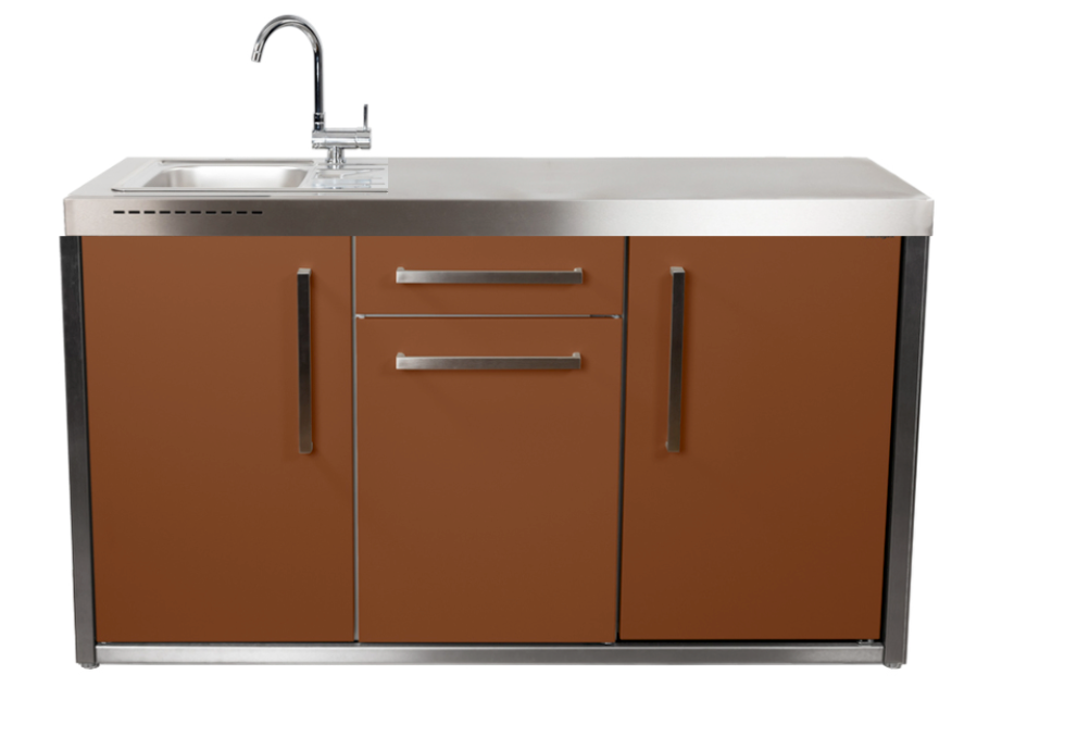 Elfin Compact MO 150S Outdoor Kitchen  - With Sink on the Left & Fridge on the Right - Lava Brown