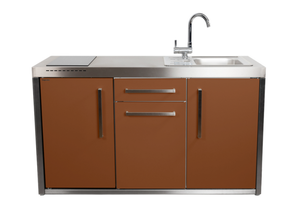Elfin Compact MO 150S Outdoor Kitchen - With Sink on the Right, Fridge on the Left & Hob on the Left - Lava Brown