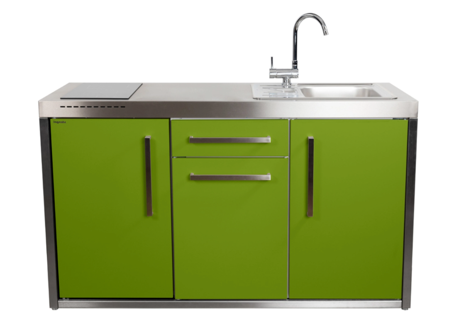 Elfin Compact MO 150S Outdoor Kitchen - With Sink on the Right, Fridge on the Left & Hob on the Left - Apple Green