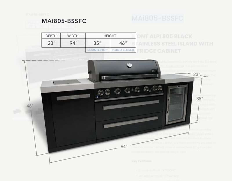 Mont Alpi Outdoor kitchen Black 6 Burner, Fridge and Weather Cover - 2.4m