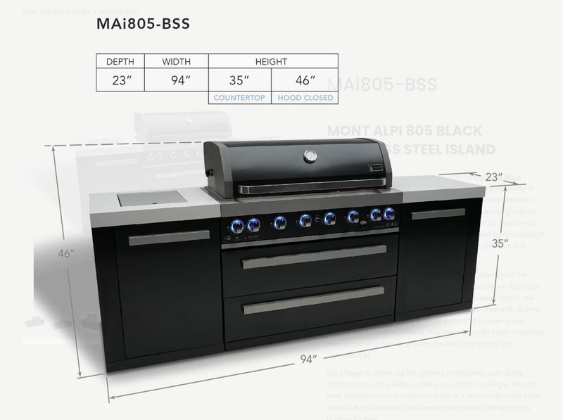 Mont Alpi Outdoor kitchen Black 6 Burner, and Weather Cover - 2.4m