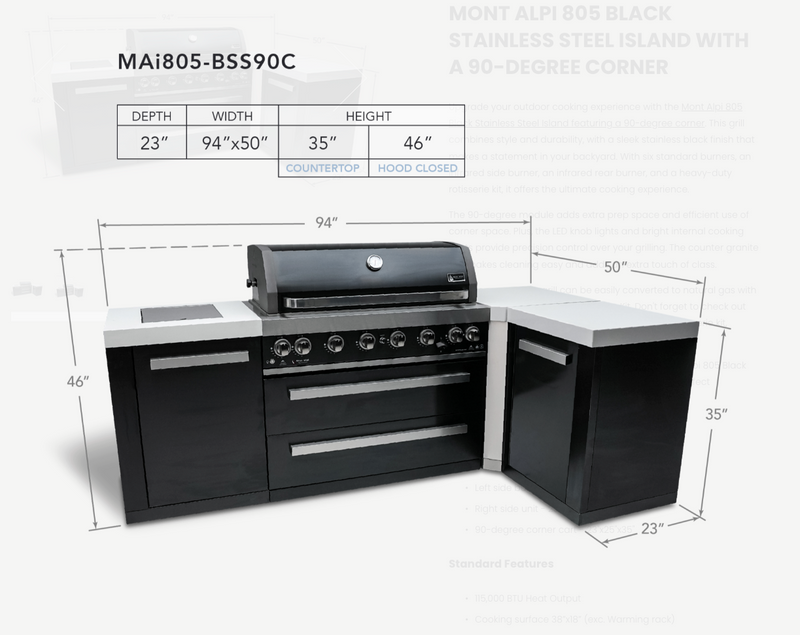 Mont Alpi Outdoor kitchen Black 6 Burner and Weather Cover - 2.4m