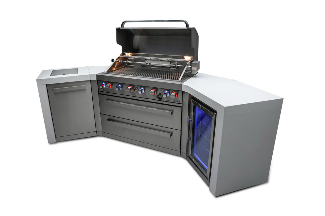 Mont Alpi Outdoor kitchen 6-burner Deluxe Island with 45-Degree Corners and a Fridge Cabinet  + Cover 2.8M