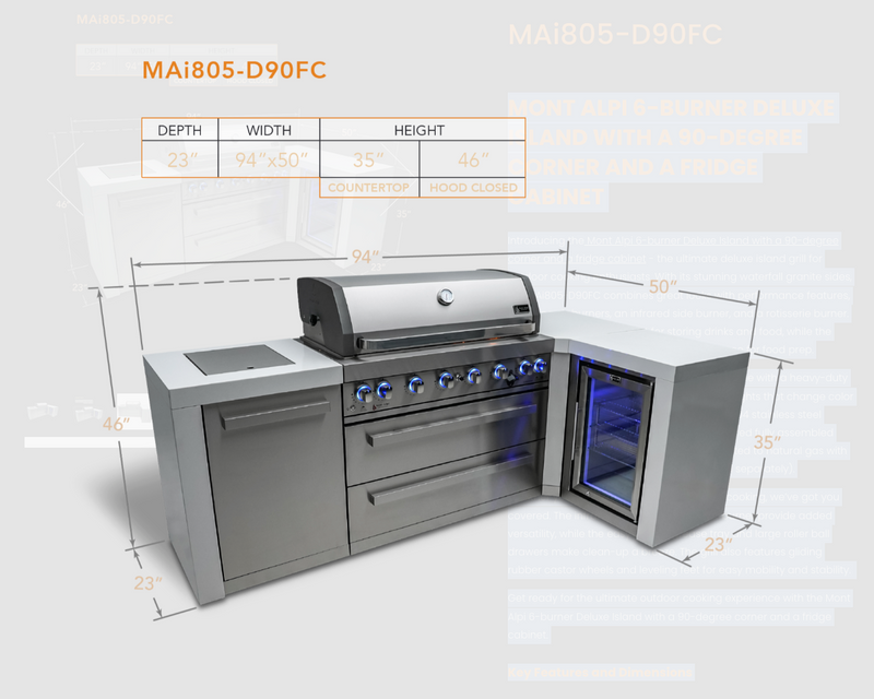 Mont Alpi L Shape Outdoor kitchen 6-burner Deluxe Island + Fridge + Weather Cover - 2.4M