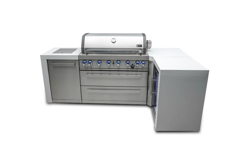 Mont Alpi L Shape Outdoor kitchen 6-burner Deluxe Island + Fridge + Weather Cover - 2.4M