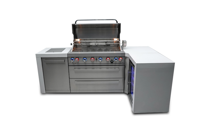 Mont Alpi L Shape Outdoor kitchen 6-burner Deluxe Island + Fridge + Weather Cover - 2.4M