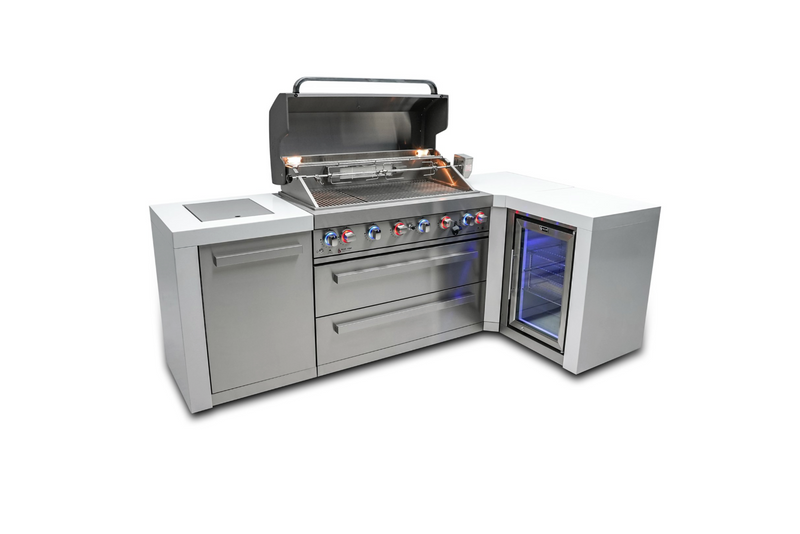 Mont Alpi L Shape Outdoor kitchen 6-burner Deluxe Island + Fridge + Weather Cover - 2.4M