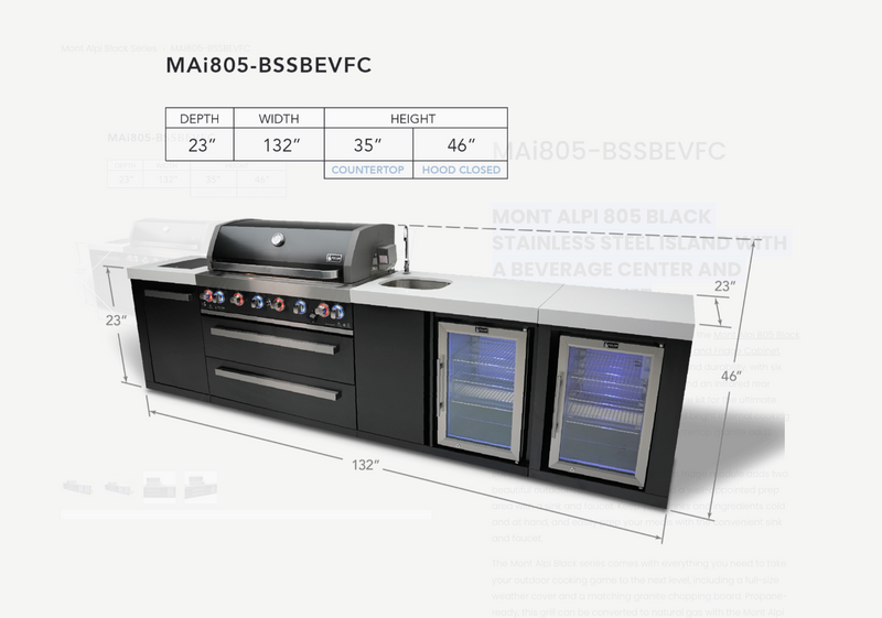 Mont Alpi Outdoor Kitchen Black, 6 Burner, Fridge, Sink and Weather Cover - 3.4m