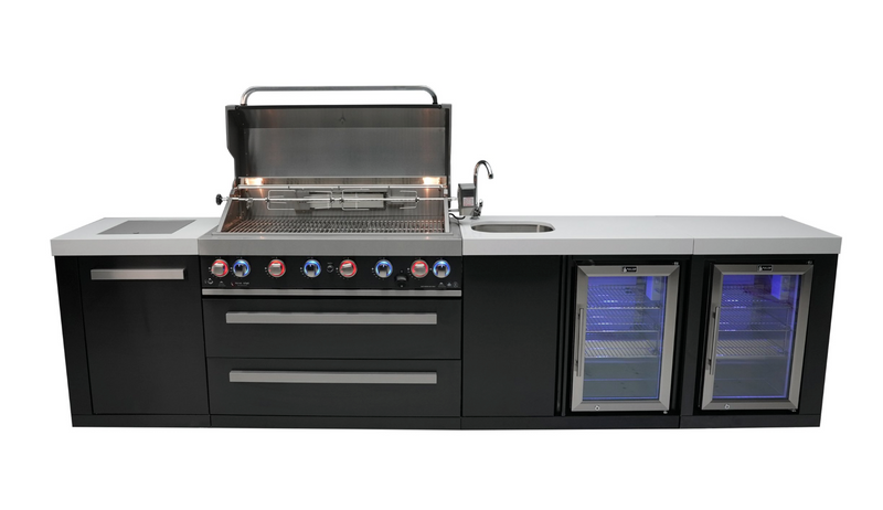 Mont Alpi Outdoor Kitchen Black, 6 Burner, Fridge, Sink and Weather Cover - 3.4m