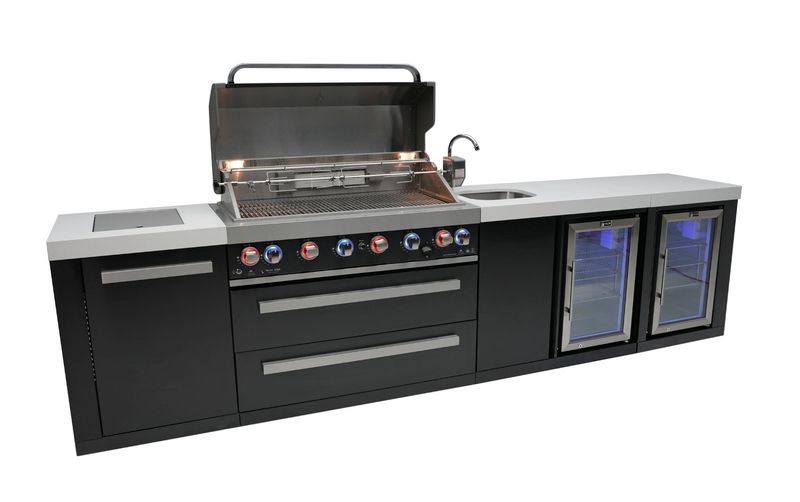 Mont Alpi Outdoor Kitchen Black, 6 Burner, Fridge, Sink and Weather Cover - 3.4m