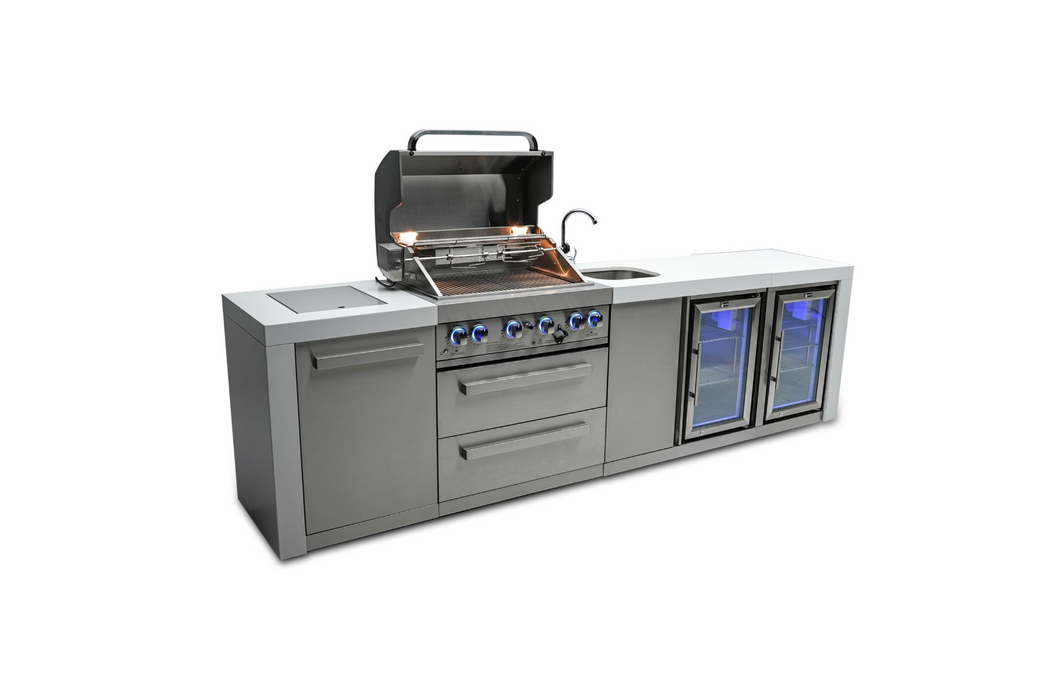 Mont Alpi Outdoor kitchen 4-burner Deluxe Island with a Beverage Center And Fridge Cabinet + Cover - 3.1M