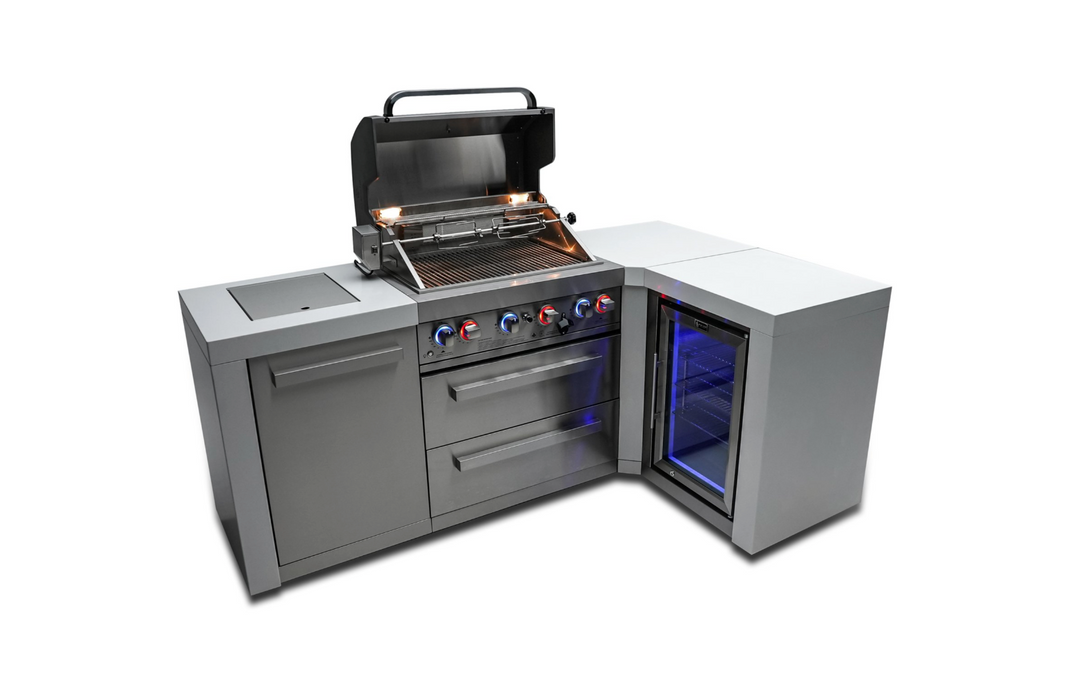 Mont Alpi Outdoor kitchen 4-burner Deluxe Island with a 90-degree corner and a fridge cabinet + Cover