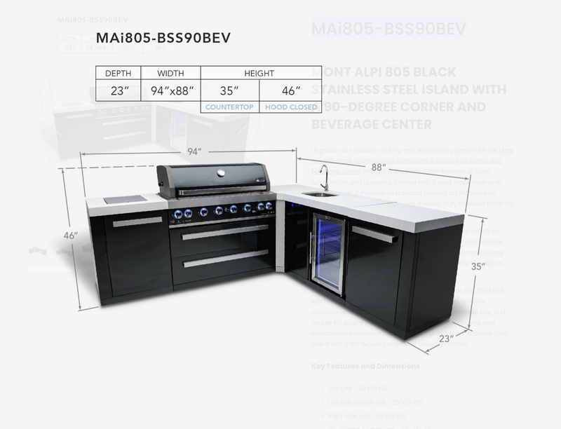 Mont Alpi Outdoor kitchen Black 6 Burner, Fridge, Sink and Weather Cover