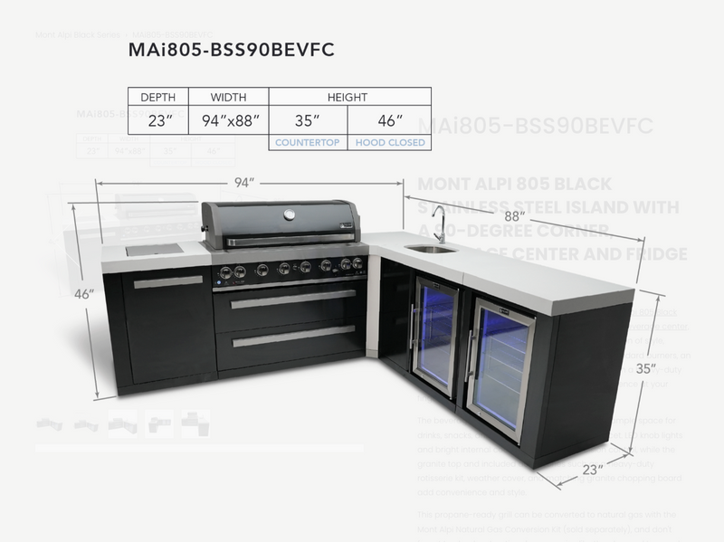 Mont Alpi Outdoor kitchen Black 6 Burner, Sink, Double Fridge and Weather Cover