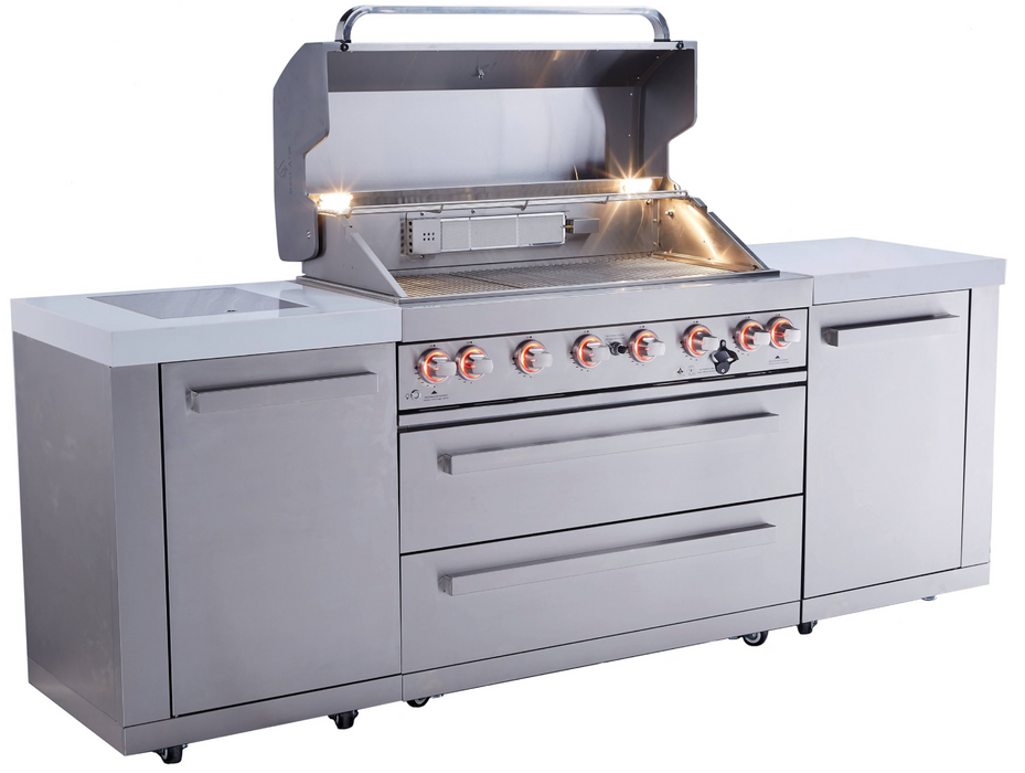 Mont Alpi Outdoor kitchen 805 BBQ Grill Island features a 6-burner gas grill  2.4M