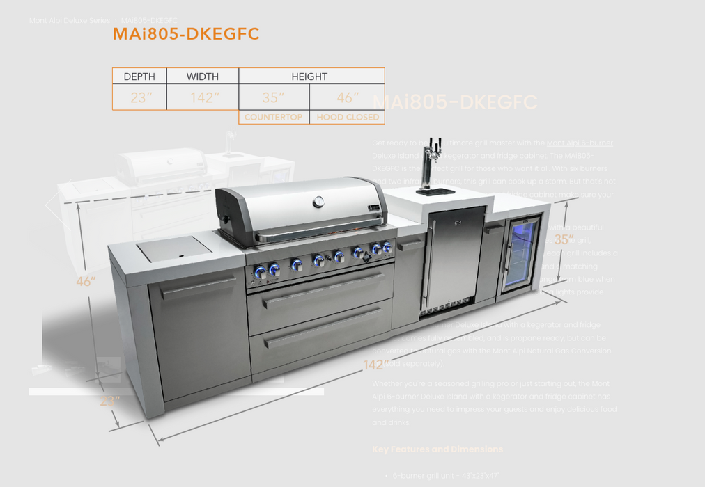 Mont Alpi Outdoor kitchen 805 Deluxe BBQ Grill Island with Kegerator and Fridge Cabinet - MAI805-DKEGFC