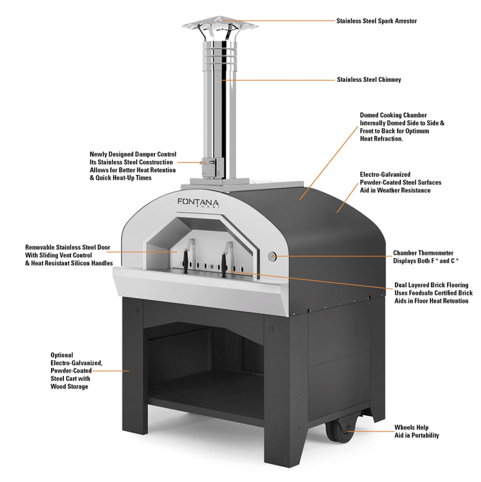 Fontana Vulcano Commercial Wood Fired Pizza Oven with Cart