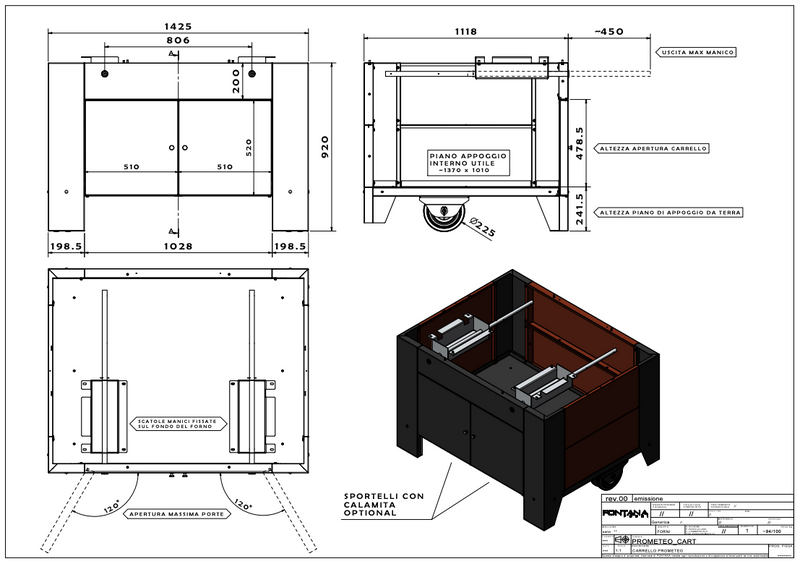 Fontana Prometeo Commercial Wood Fired Pizza Oven with Cart -Anthracite