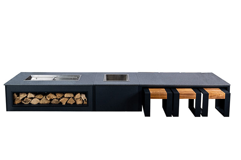 Grillandia Strip Dining table with 6 poufs, 2 grill benches