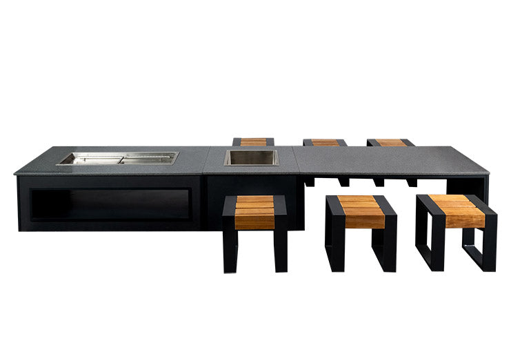 Grillandia Strip Dining table with 6 poufs, 2 grill benches