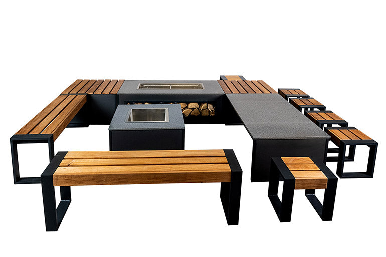 T-Bone Dining table with 6 poufs, 2 grill benches