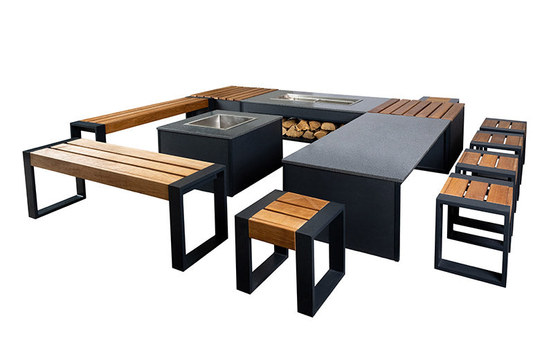 T-Bone Dining table with 6 poufs, 2 grill benches